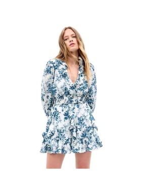 White & Blue Floral V-Neck Ruffle Mini Dress